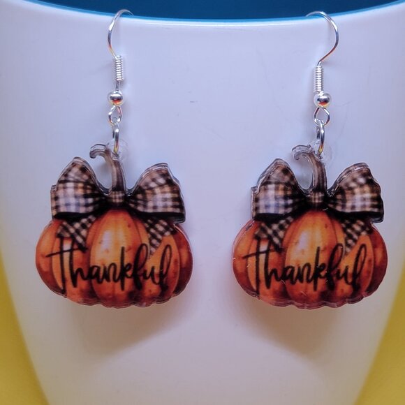 Pumpkin Graphic Drop Earrings Acrylic Orange Brown 1.26 Inch Drop   New - Picture 2 of 10